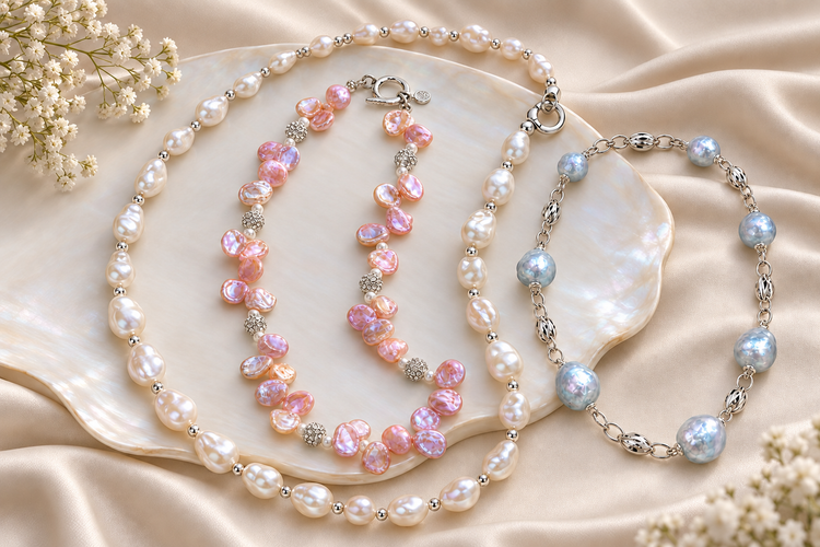 Baroque pearl jewelry with pink, blue and white freshwater pearl necklaces