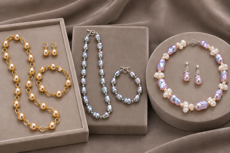 Pearl jewelry sets with golden, silver-blue and purple cultured pearl necklaces and bracelets