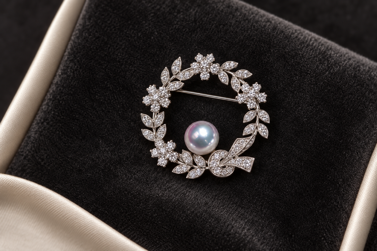 Madama Akoya pearl floral brooch with silver-gray blue luster and crystal details