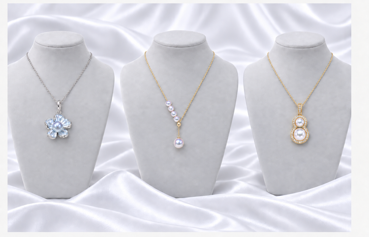 Akoya pearl necklaces with floral, drop and double-pearl pendant designs