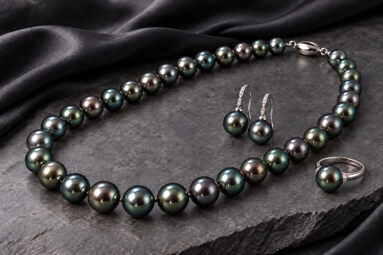 Tahitian pearl necklace, earrings and ring with peacock green, silver and blue overtones