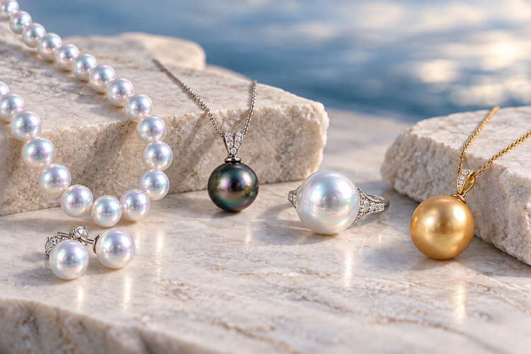 Saltwater pearl jewelry with white South Sea, Tahitian and golden pearls