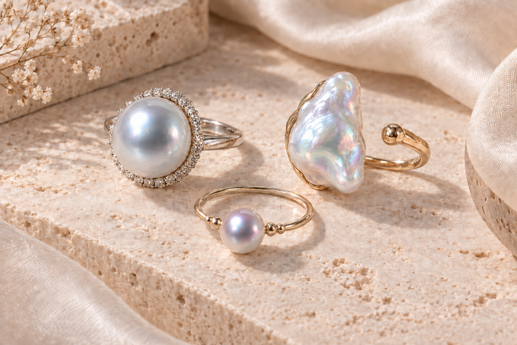 Pearl rings featuring Australian white, Akoya and baroque pearls