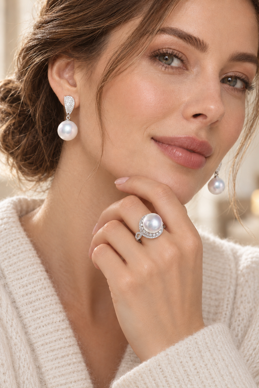 model wearing White South Sea Pearl Leaf Ring & Sculpted Leaf Stud Earrings set