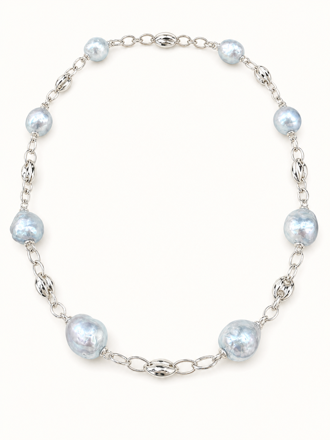 Blue Aurora Freshwater Pearl Necklace with baroque 10–13mm pearls and silvery-blue luster