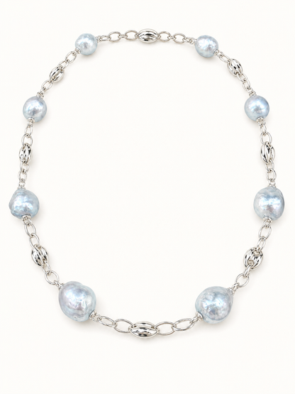 Blue Aurora Freshwater Pearl Necklace with baroque 10–13mm pearls and silvery-blue luster