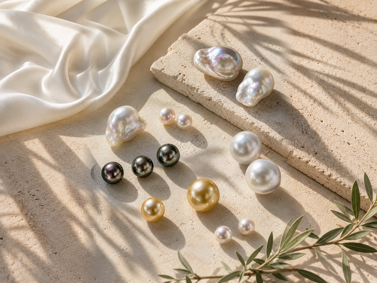 White, dark and golden high-luster pearls arranged in natural sunlight