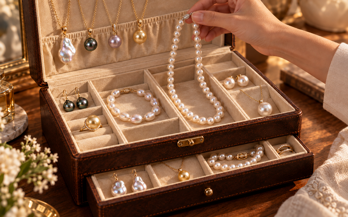 Hand lifting a pearl strand from a jewelry box with white, Tahitian, purple, golden and baroque pearl jewelry