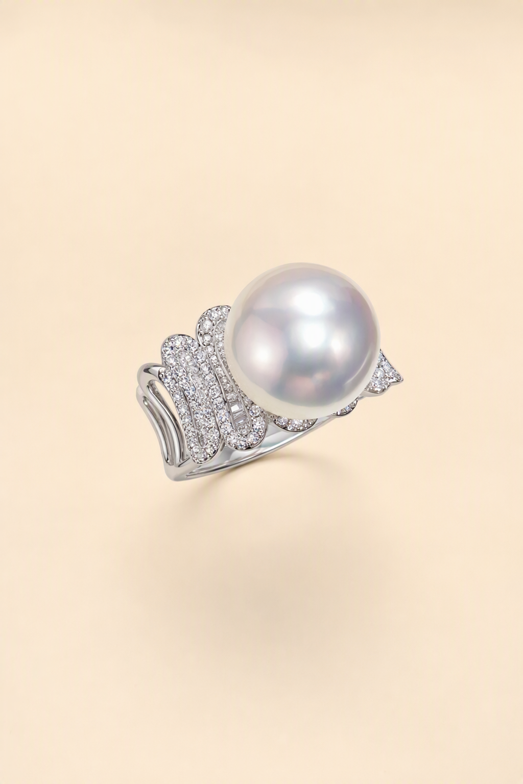 11–12mm White South Sea Pearl Architectural Pavé Sterling Silver Ring on a cream white primary background