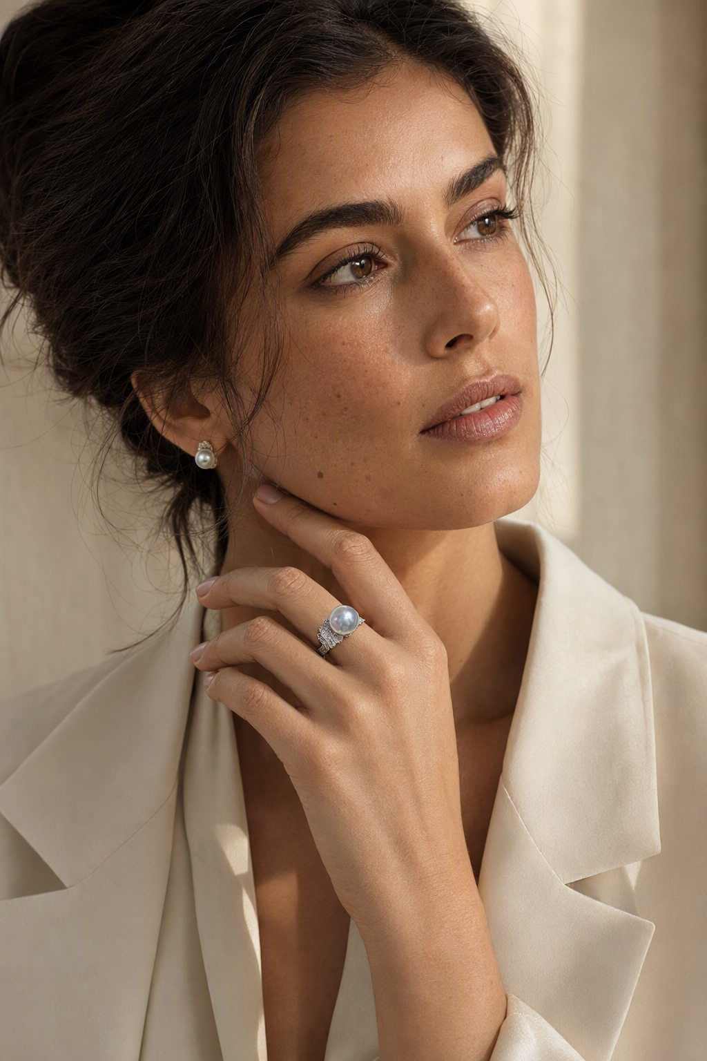 11–12mm White South Sea Pearl Architectural Pavé Sterling Silver Ring naturally worn on the finger by a model