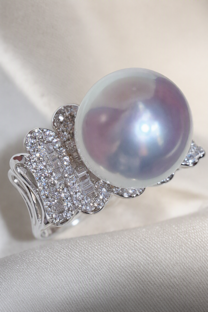 11–12mm White South Sea Pearl Architectural Pavé Sterling Silver Ring showing pearl luster nacre and craftsmanship detail