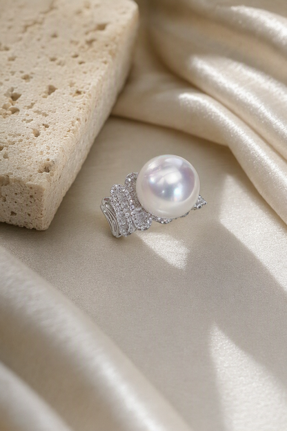 11–12mm White South Sea Pearl Architectural Pavé Sterling Silver Ring in a still-life ivory silk luxury environment