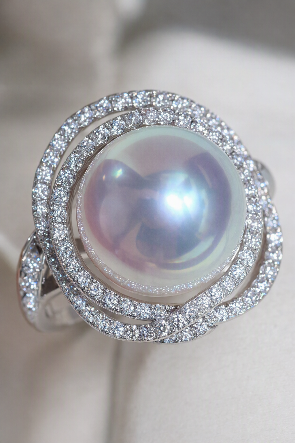 11–12mm White South Sea Pearl Double Halo Sterling Silver Ring showing pearl luster nacre and craftsmanship detail