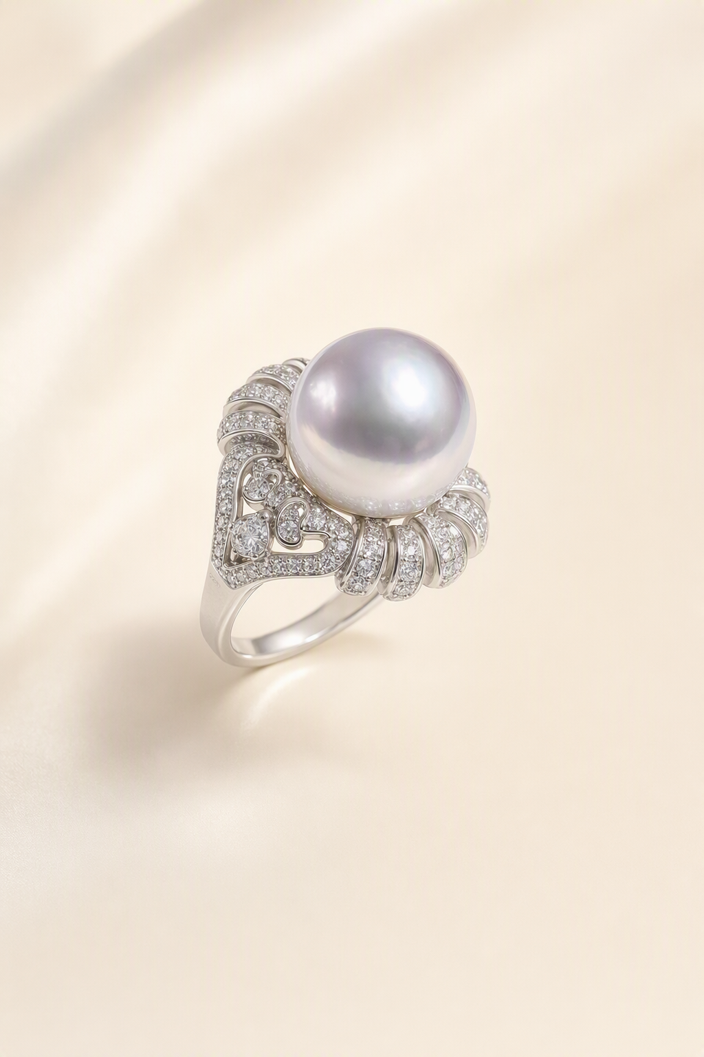 11–12mm White South Sea Pearl Fan Accent Sterling Silver Ring on a cream white primary background