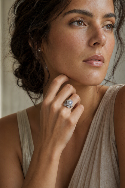 11–12mm White South Sea Pearl Fan Accent Sterling Silver Ring naturally worn on the finger by a model