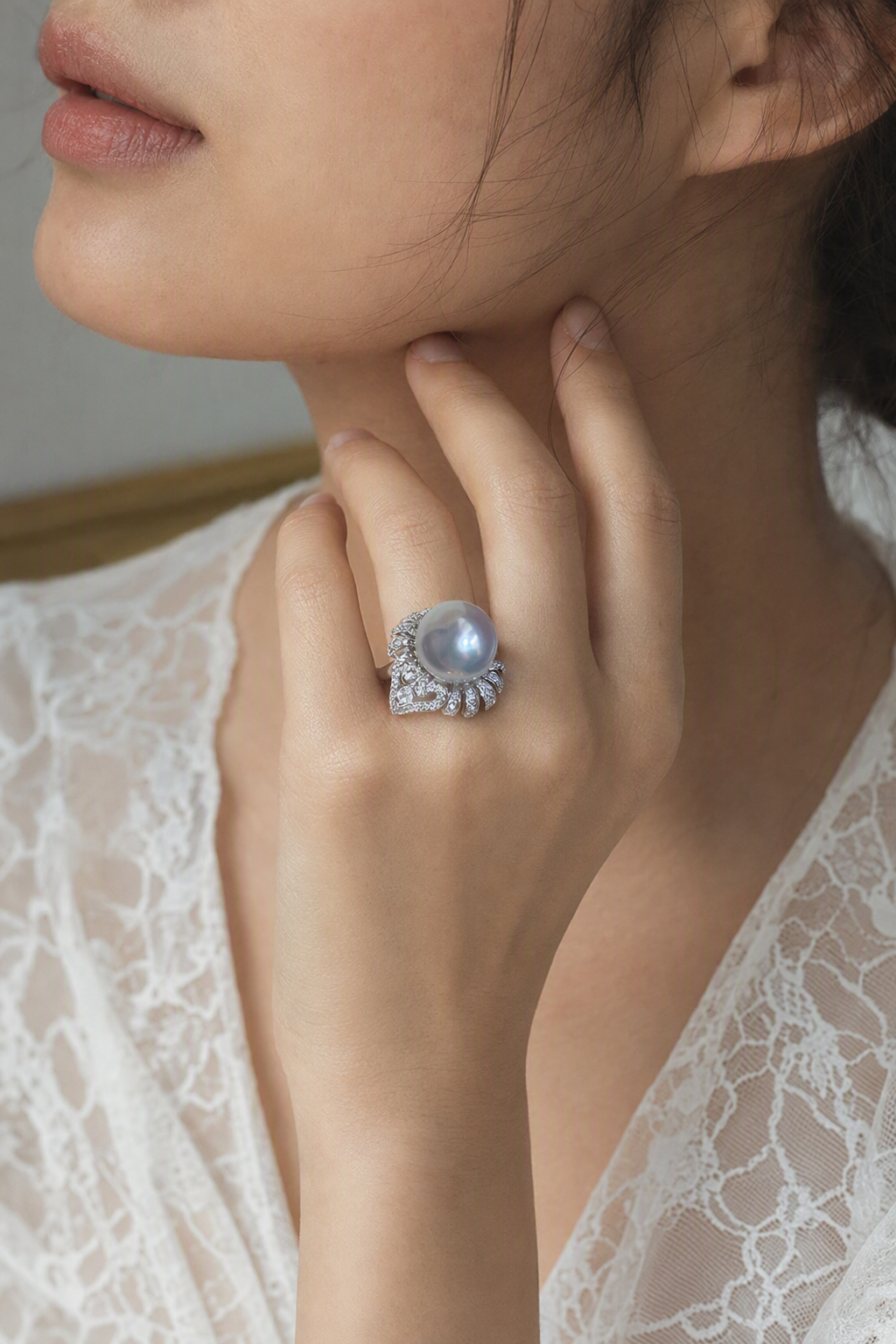 11–12mm White South Sea Pearl Fan Accent Sterling Silver Ring at realistic wearing scale with confirmed pearl size