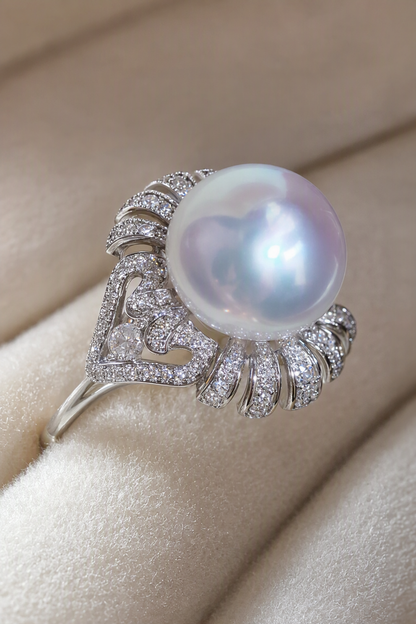 11–12mm White South Sea Pearl Fan Accent Sterling Silver Ring showing pearl luster nacre and craftsmanship detail