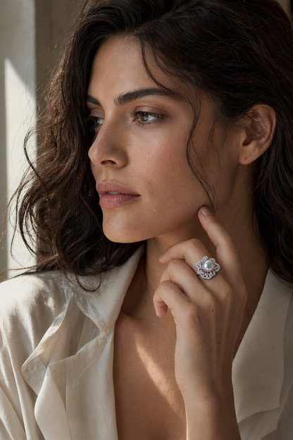 11–12mm White South Sea Pearl Floral Halo Sterling Silver Ring naturally worn on the finger by a model