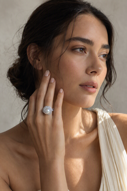 11–12mm White South Sea Pearl Leaf Wrap Sterling Silver Ring naturally worn on the finger by a model