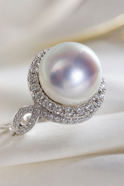 11–12mm White South Sea Pearl Leaf Wrap Sterling Silver Ring showing pearl luster nacre and craftsmanship detail