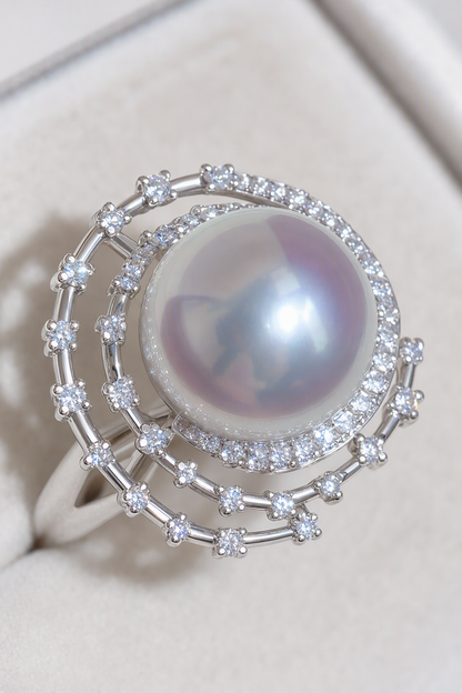 11–12mm White South Sea Pearl Open Halo Sterling Silver Ring showing pearl luster nacre and craftsmanship detail