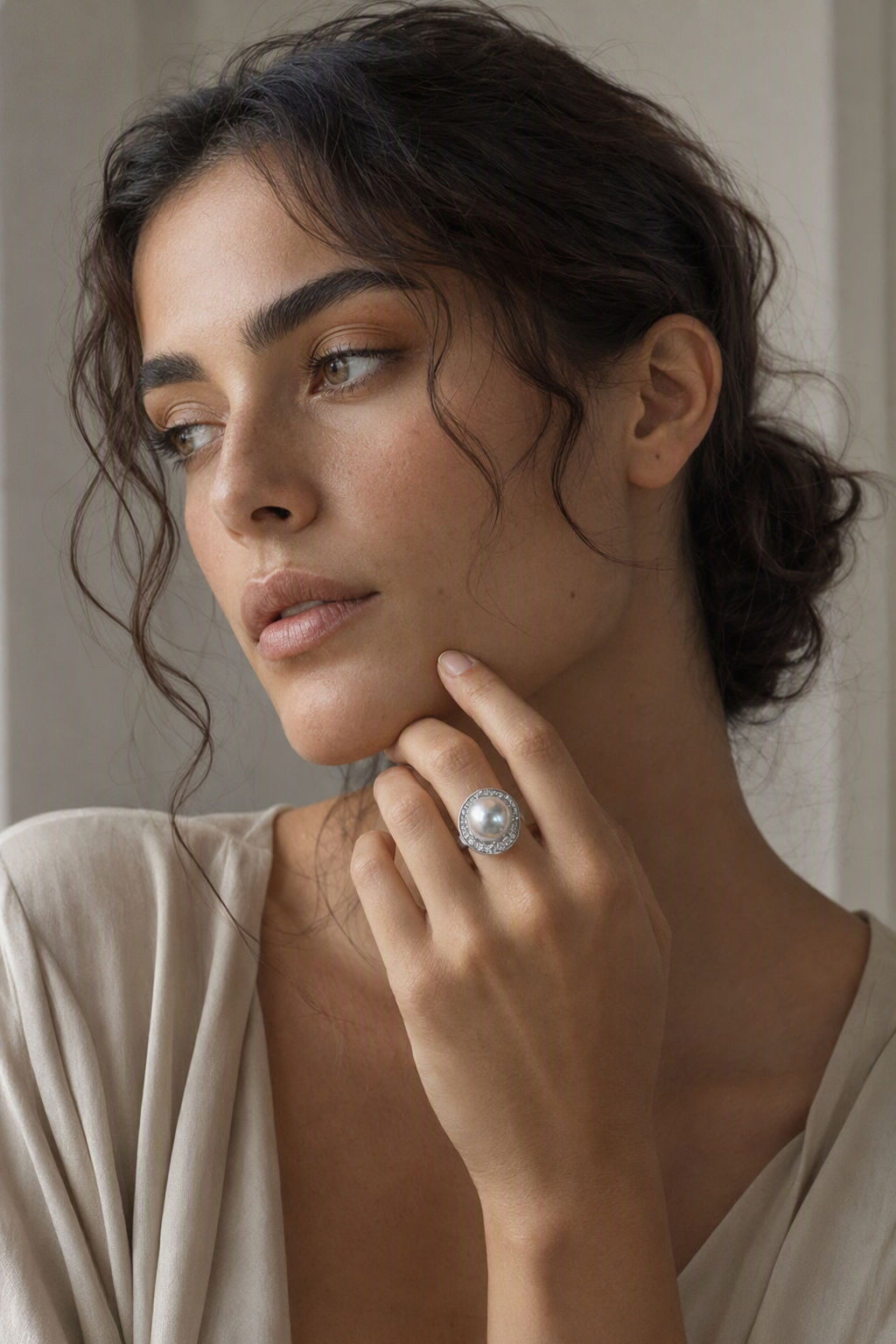 11–12mm White South Sea Pearl Organic Frame Sterling Silver Ring naturally worn on the finger by a model