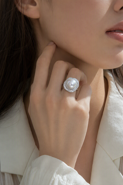 11–12mm White South Sea Pearl Organic Frame Sterling Silver Ring at realistic wearing scale with confirmed pearl size