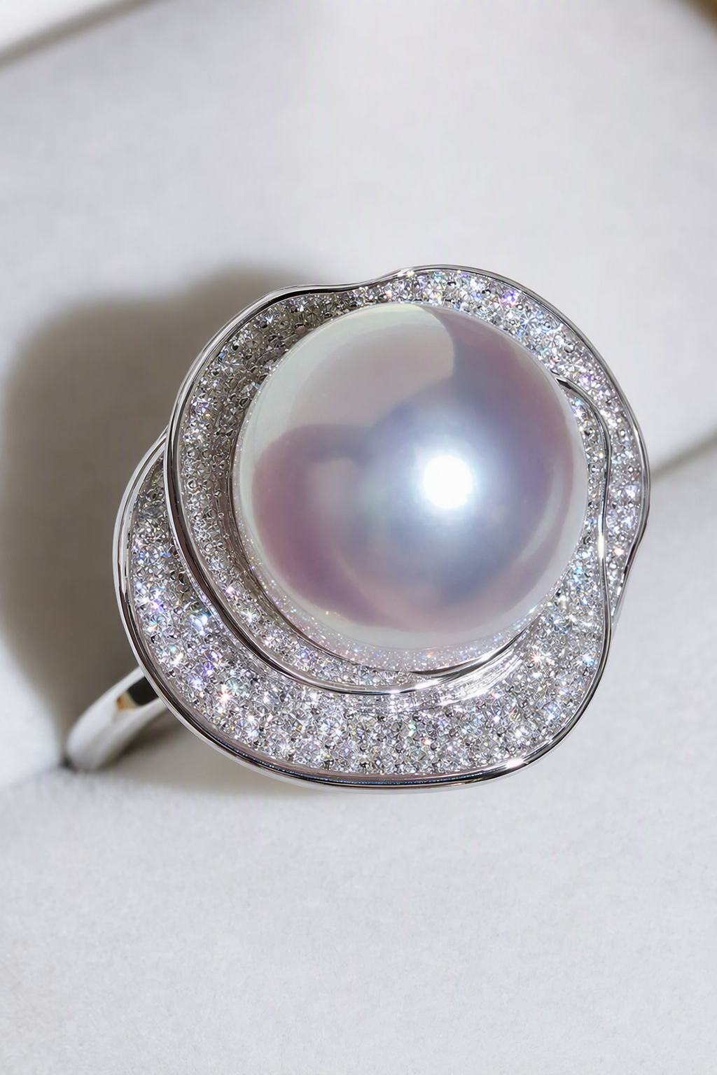 11–12mm White South Sea Pearl Organic Frame Sterling Silver Ring showing pearl luster nacre and craftsmanship detail