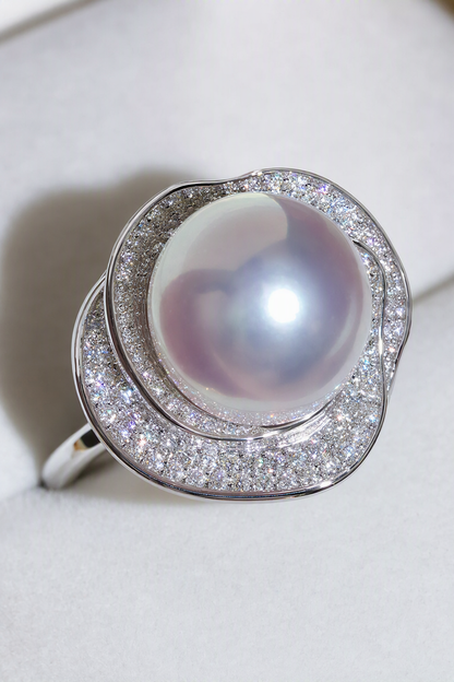 11–12mm White South Sea Pearl Organic Frame Sterling Silver Ring showing pearl luster nacre and craftsmanship detail