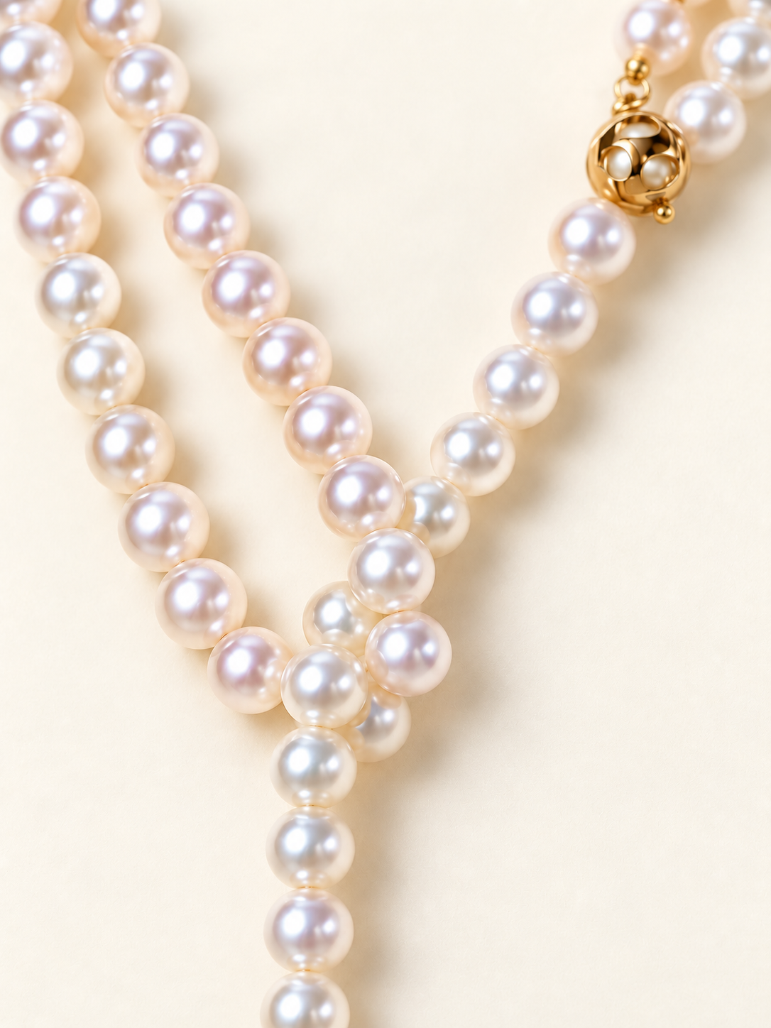 Close-up of High Luster White pearls 8–9 mm; Golden South Sea terminal pearl 11–12 mm Cultured Freshwater Pearl with Golden South Sea Pearl terminal necklace showing pearl luster, nacre and craftsmanship detail