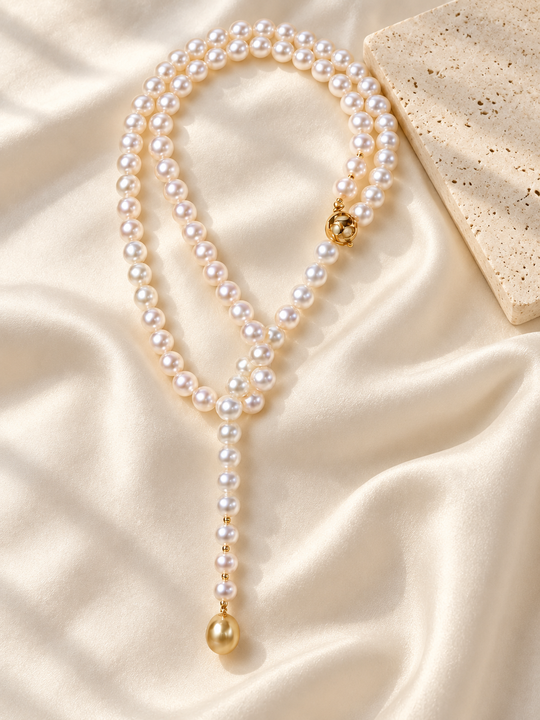 High Luster White pearls 8–9 mm; Golden South Sea terminal pearl 11–12 mm Cultured Freshwater Pearl with Golden South Sea Pearl terminal necklace in an elegant still-life luxury setting