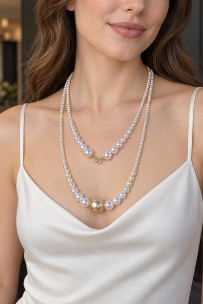 High Luster White freshwater pearls 3–8 mm; Golden South Sea focal pearl 12–13 mm Cultured Freshwater Pearl with Golden South Sea Pearl focal necklace at realistic wearing scale