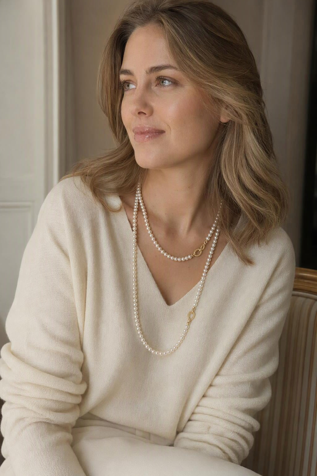 High Luster 4.5–5 mm Cultured Freshwater Pearl necklace in a complete luxury outfit styling context