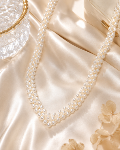 close up of 3-4mm freshwater pearls with mirror like luster on necklace