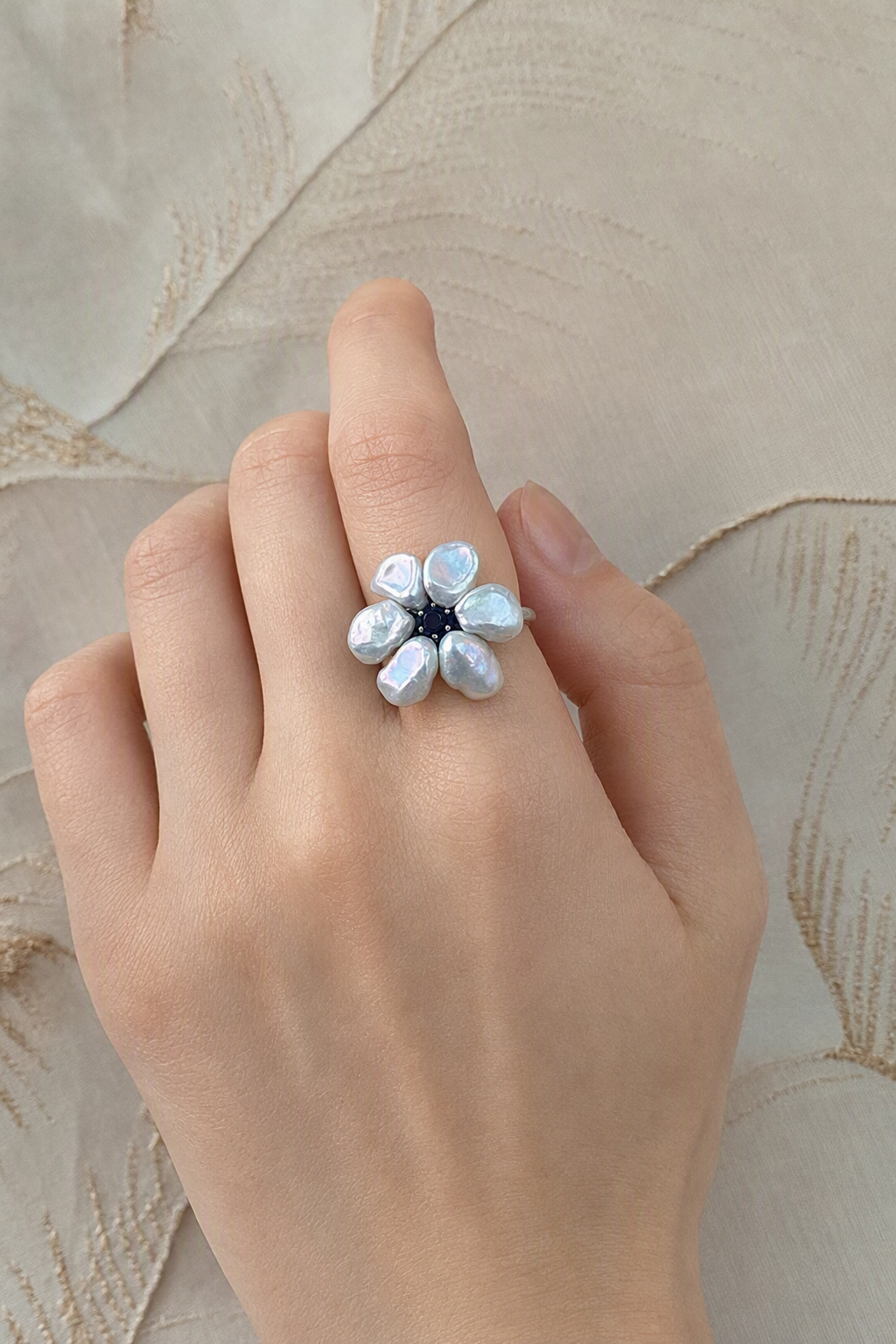 Aurora Luster Silver Blue Small Baroque Freshwater Pearl Floral Open Ring worn on a finger — Lifestyle Wearing