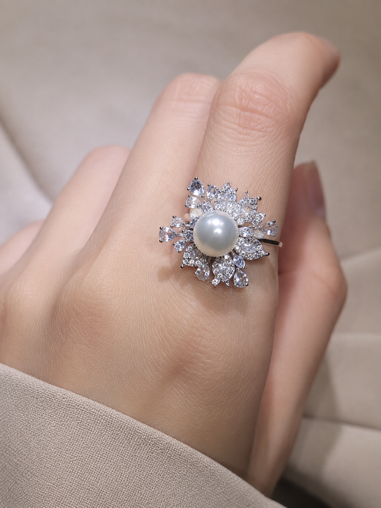 Venus Luster 10-11mm Australian South Sea Pearl Firework Ring worn on a finger — Lifestyle Wearing