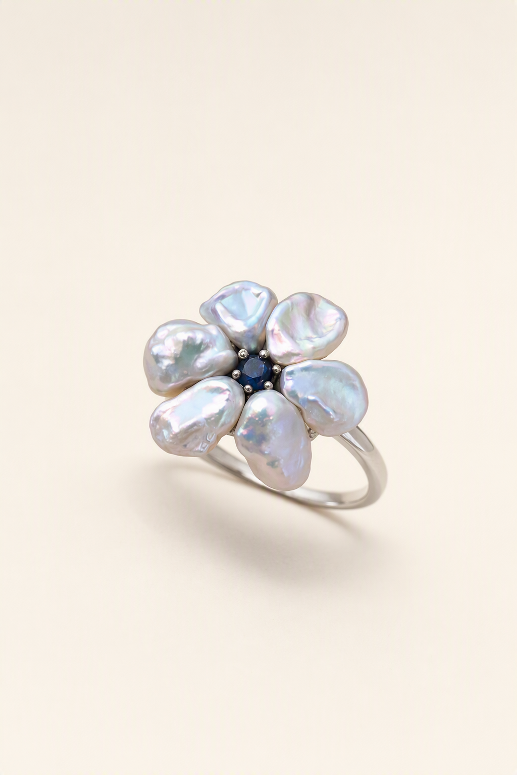 Aurora Luster Silver Blue Small Baroque Freshwater Pearl Floral Open Ring — Product Hero