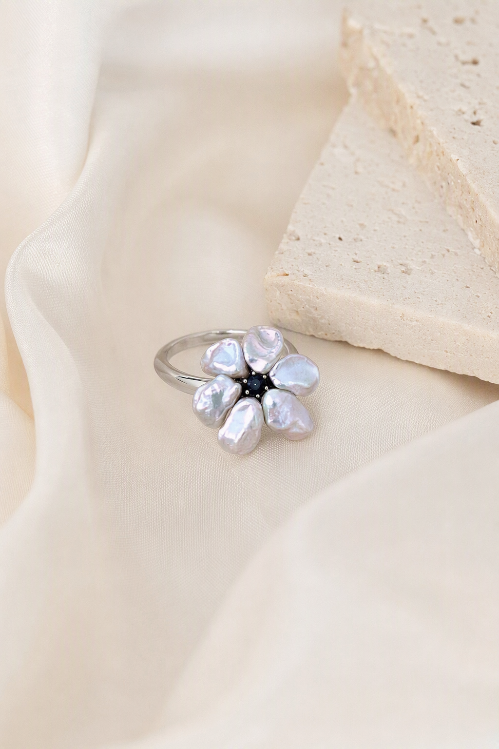 Aurora Luster Silver Blue Small Baroque Freshwater Pearl Floral Open Ring — Daily Styling (still-life)