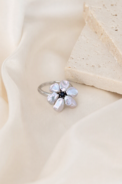 Aurora Luster Silver Blue Small Baroque Freshwater Pearl Floral Open Ring — Daily Styling (still-life)