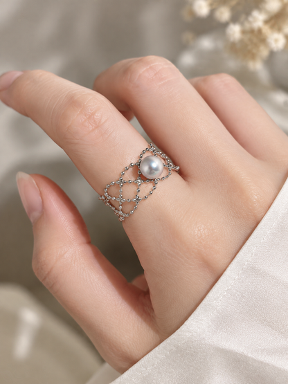 Madama Aurora Luster 5-6mm Lace Weave Ring worn on a finger — Lifestyle Wearing