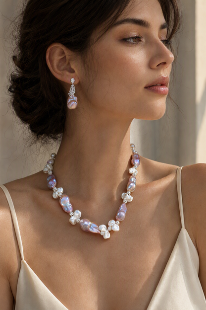 Aurora Luster 20mm+ Freshwater Pearl necklace and earrings set at realistic wearing scale