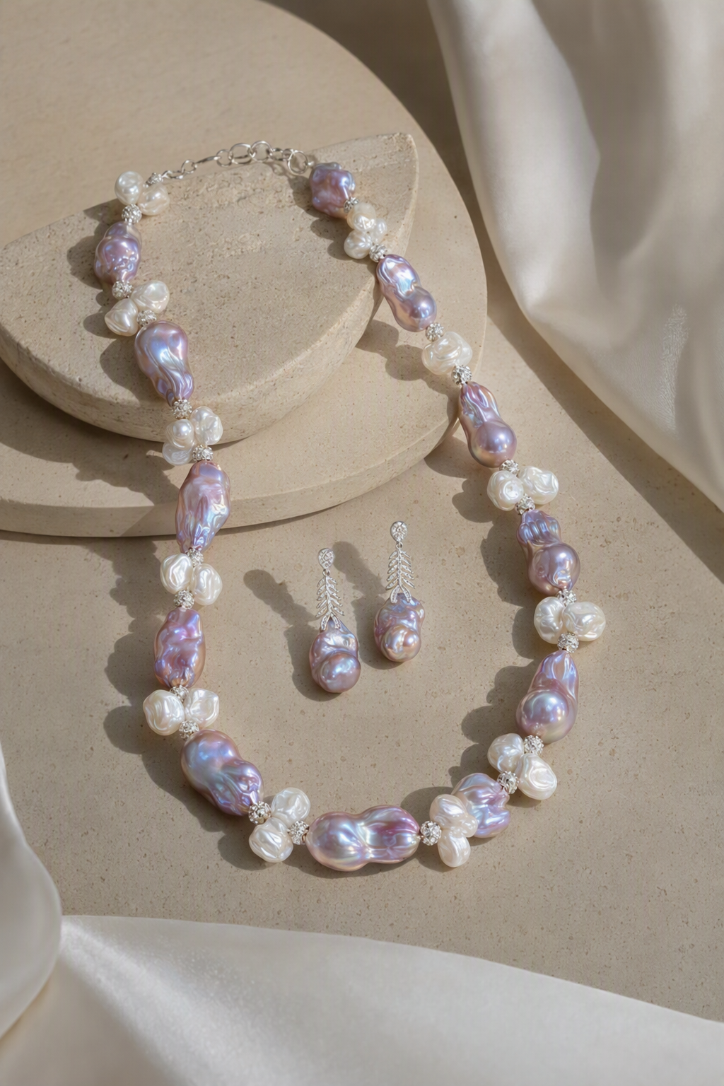 Aurora Luster 20mm+ Freshwater Pearl necklace and earrings set in an elegant still-life luxury setting
