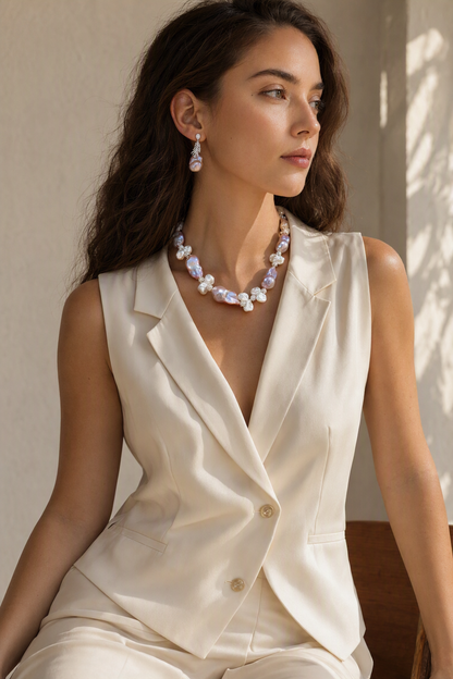 Aurora Luster 20mm+ Freshwater Pearl necklace and earrings set in a complete luxury outfit styling context