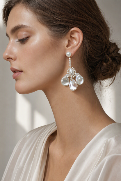 Aurora Luster Custom Freshwater Pearl dangle earrings at realistic wearing scale