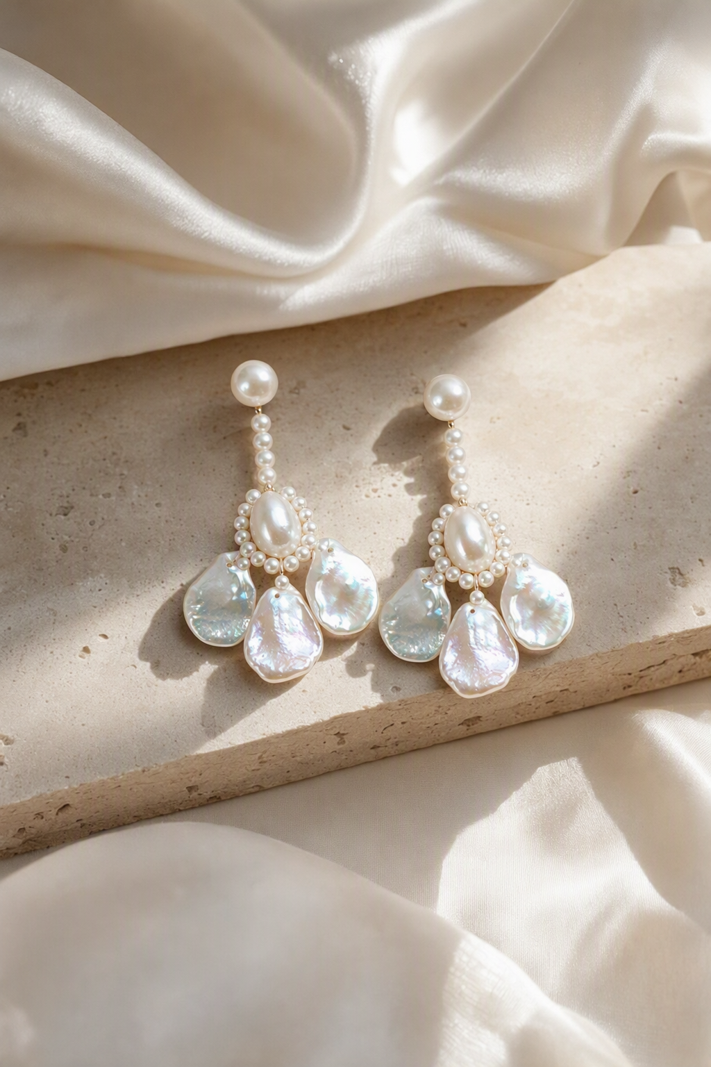 Aurora Luster Custom Freshwater Pearl dangle earrings in an elegant still-life luxury setting