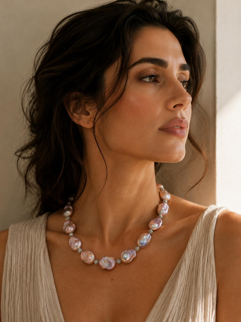 Model wearing Aurora Luster Freshwater Pearl necklace naturally on the earlobe