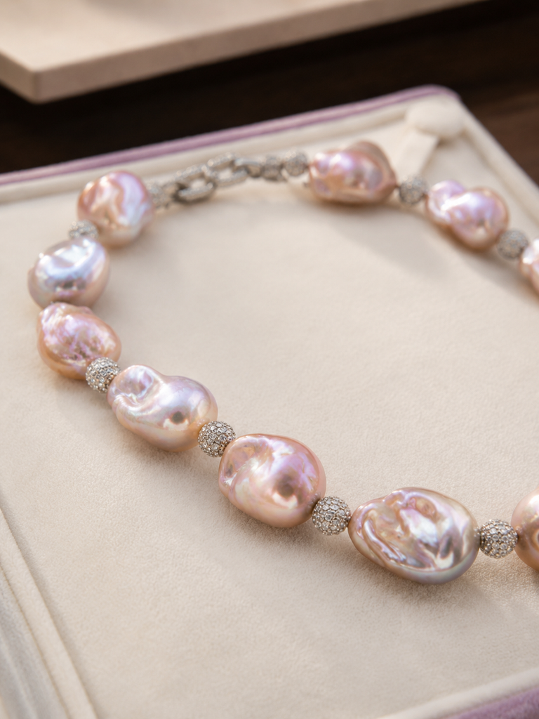 Close-up of Aurora Luster Freshwater Pearl necklace showing pearl luster, nacre and craftsmanship detail