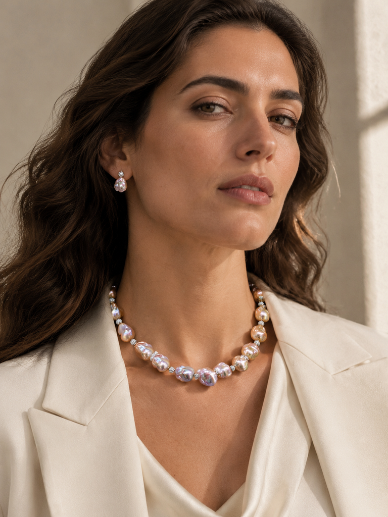 Aurora Luster Freshwater Pearl necklace in a complete luxury outfit styling context