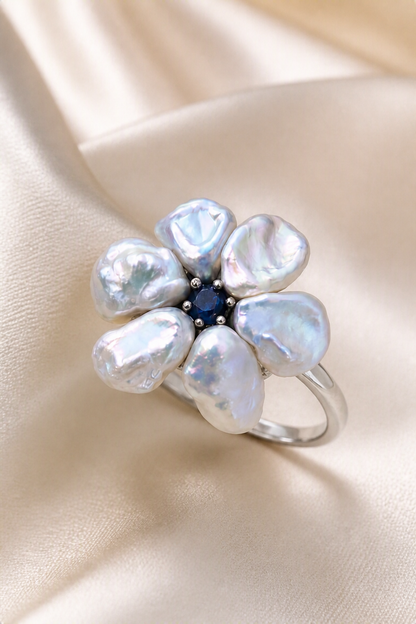 Aurora Luster Silver Blue Small Baroque Freshwater Pearl Floral Open Ring — Pearl Detail Close-up