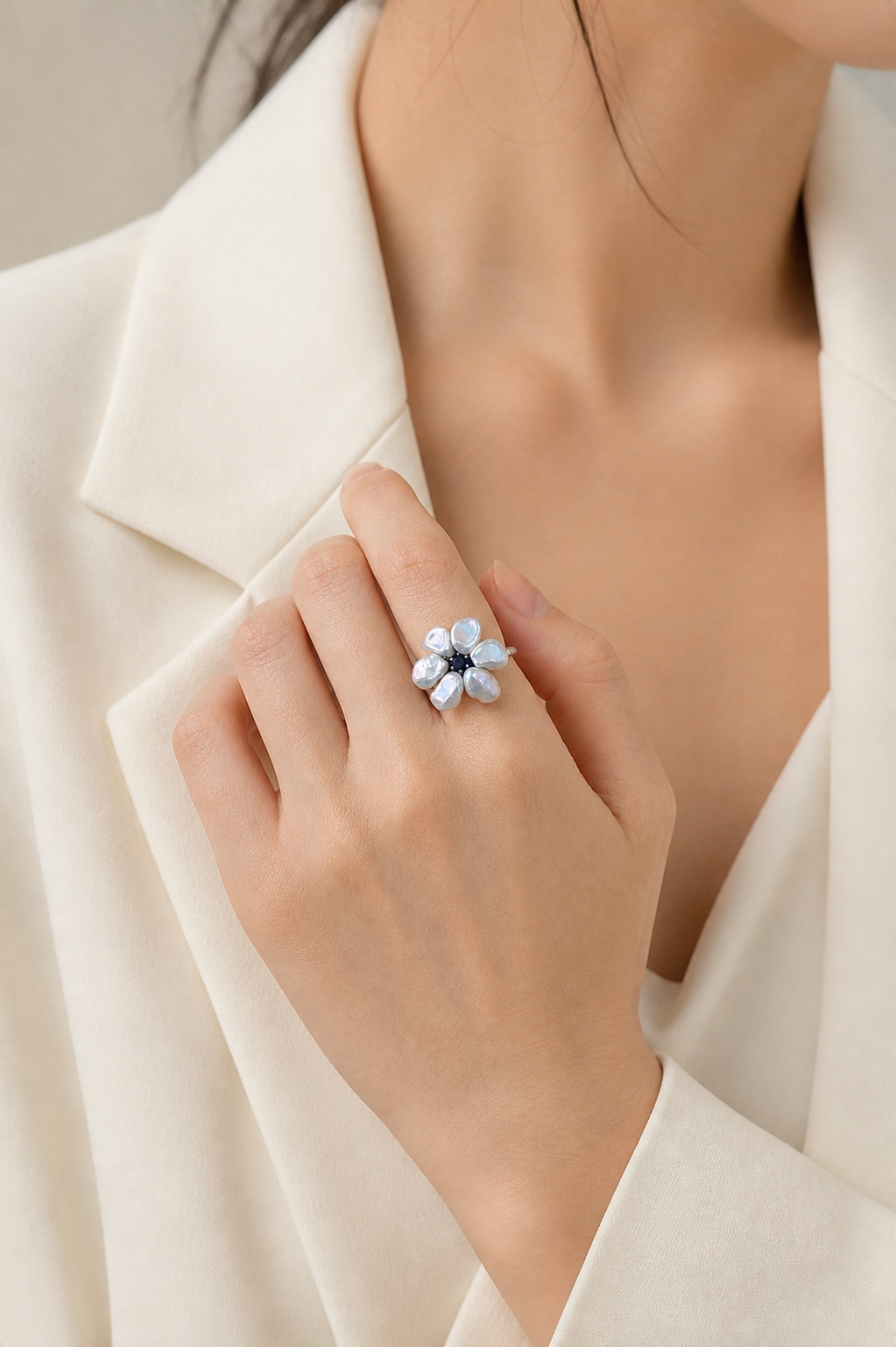 Aurora Luster Freshwater Pearl ring in a complete luxury outfit styling context